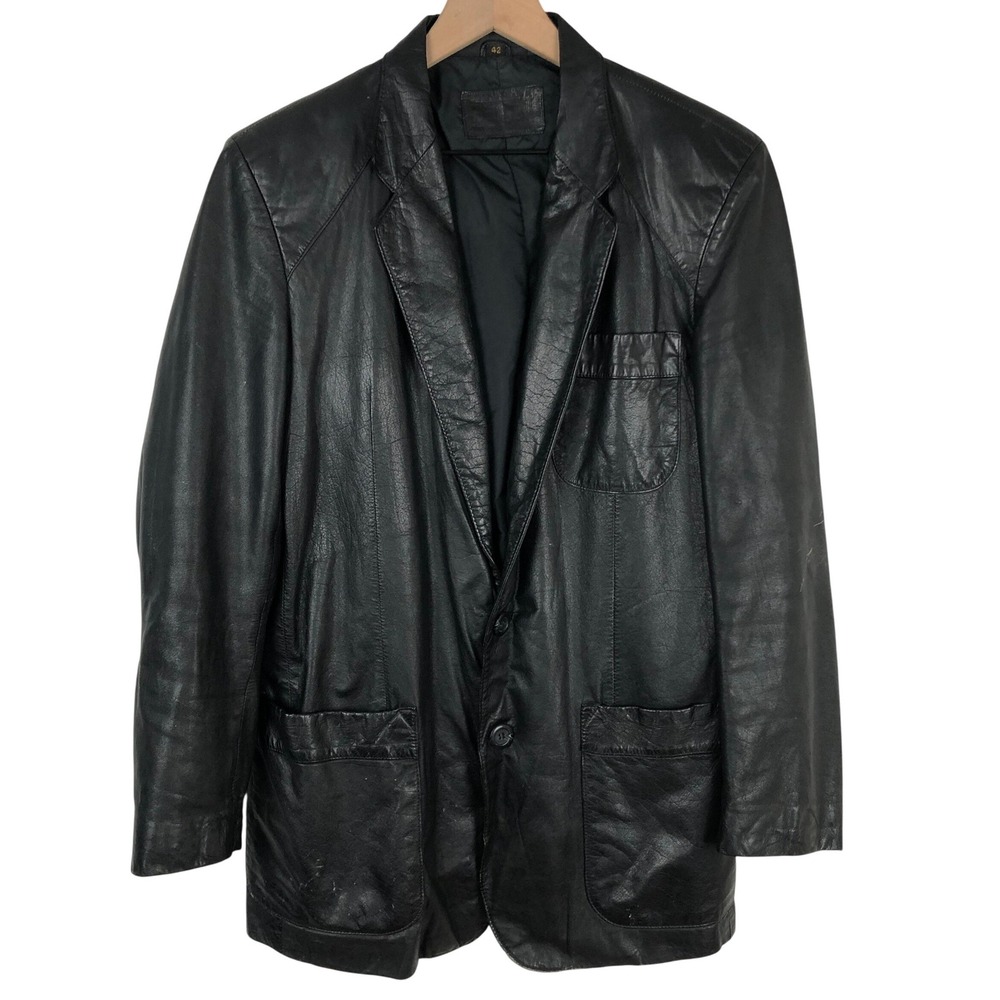 VTG BERTINI Genuine Leather Two Button Blazer Jacket Men's 42 Black Classic Soft